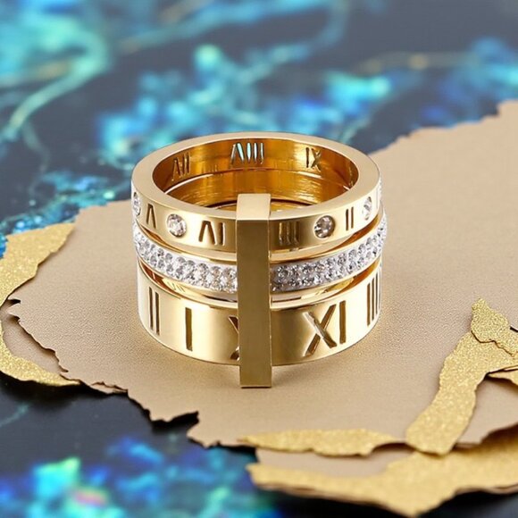 ๐ Modern Classic Roman Numeral Unisex Ring 18K Gold Plated Stainless Steel Sz 9 - Picture 5 of 13